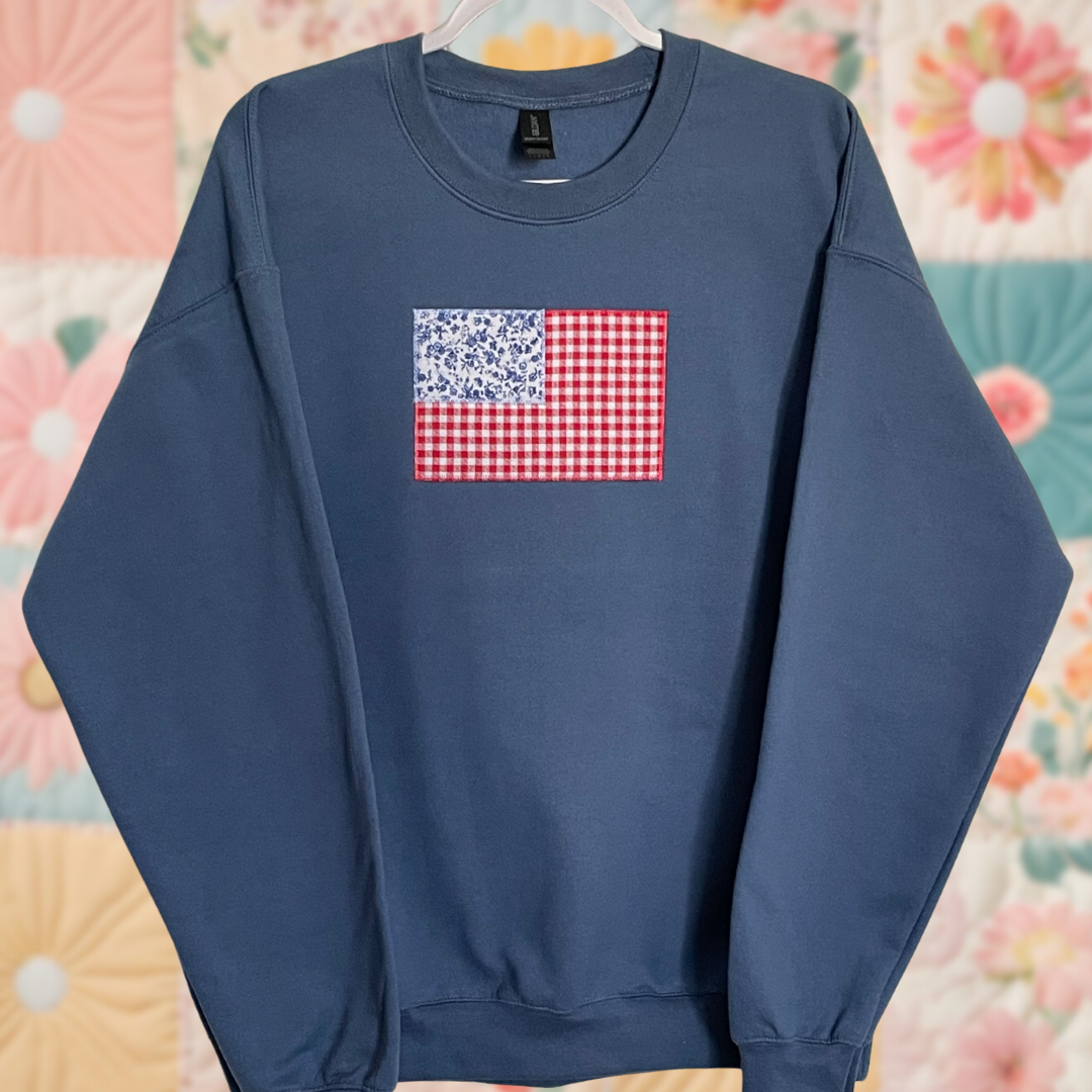 Large Indigo Blue Patchwork Flag Sweatshirt - Gingham Floral