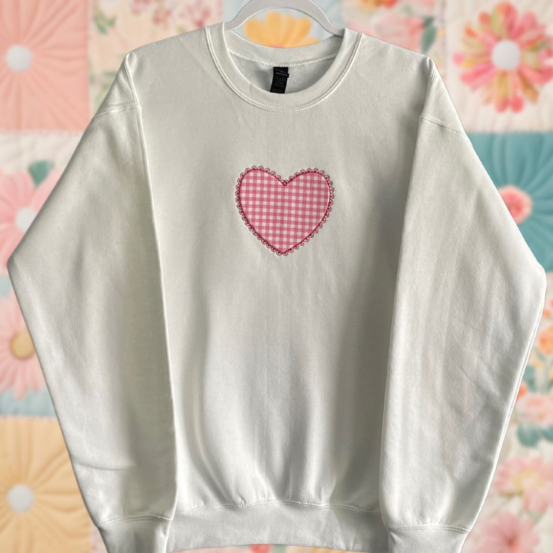 Medium White Heart Patchwork Sweatshirt - Pink Gingham