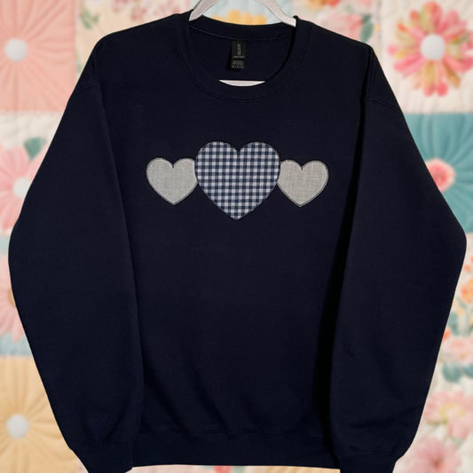 Medium Navy 3 Heart Sweatshirt - Navy Gingham and White