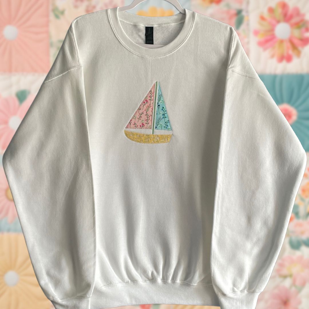 Large White Sailboat Patchwork Sweatshirt - Pink Blue Yellow Florals