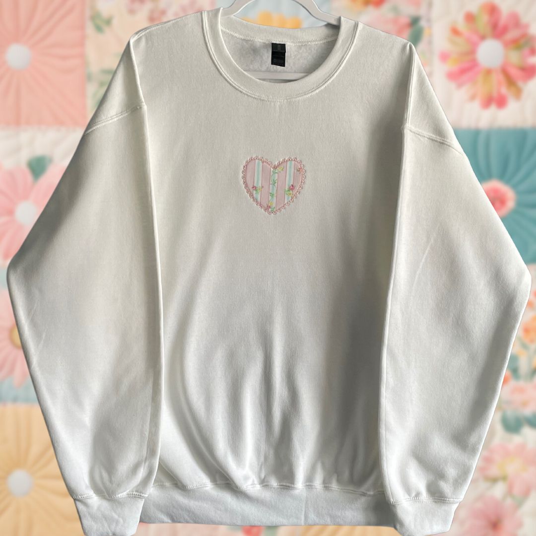 Large White Heart Sweatshirt - Lace Floral Stripe