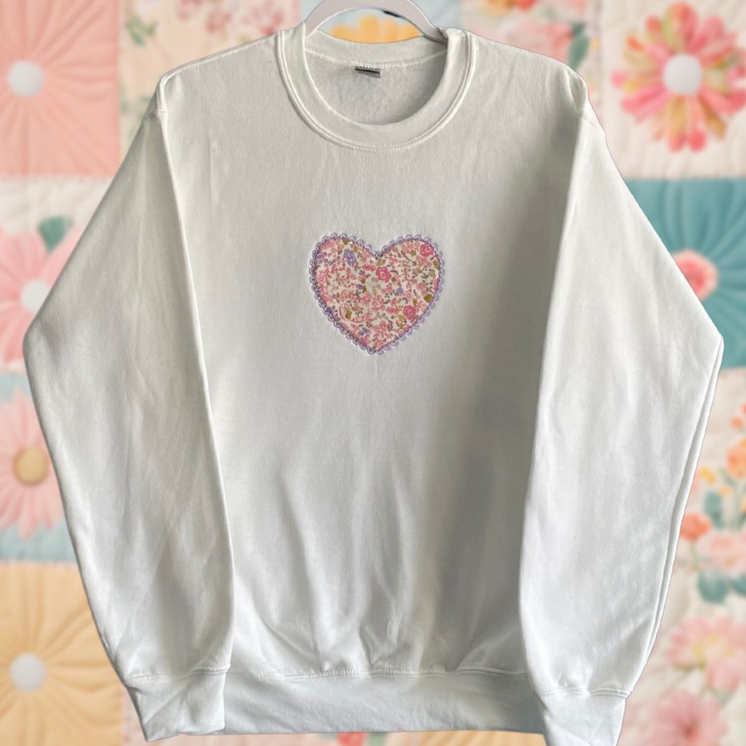 Small White Heart Patchwork Sweatshirt  - Pink Floral